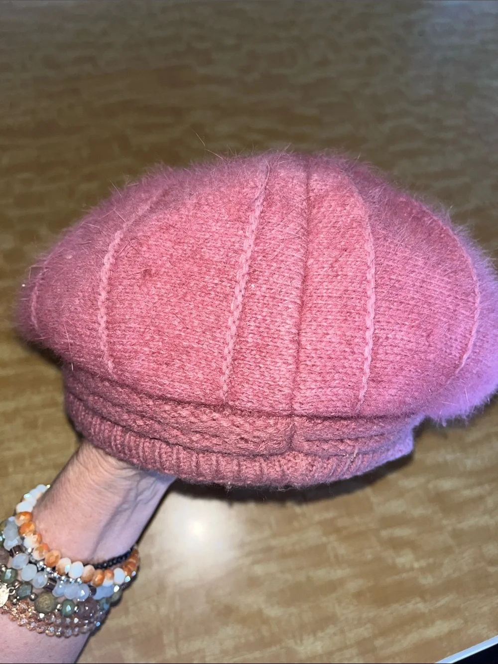 Source Unknown Pink Angora Newsboy Cap with Pearl Embellishment